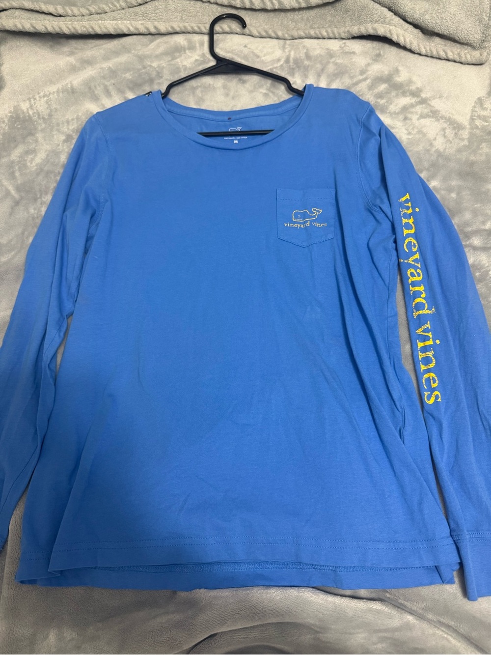 Vineyard Vines Blue Long-Sleeve Pocket Tee with Yellow Sleeve Logo